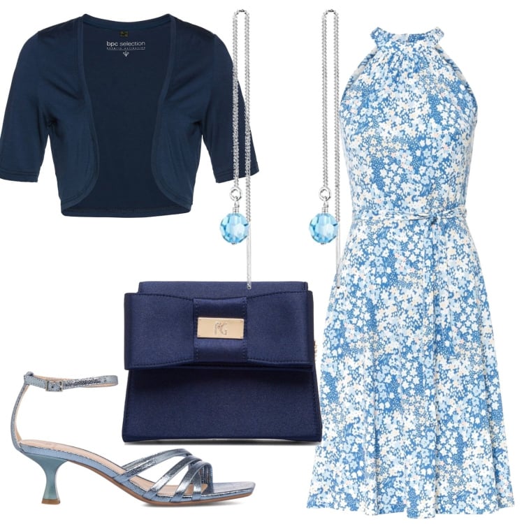 Outfit donna - Classico elegante. Stile Chic per Cerimonia. Abbinamento con blazer, vestiti, sandali in pelle, clutch, orecchini.