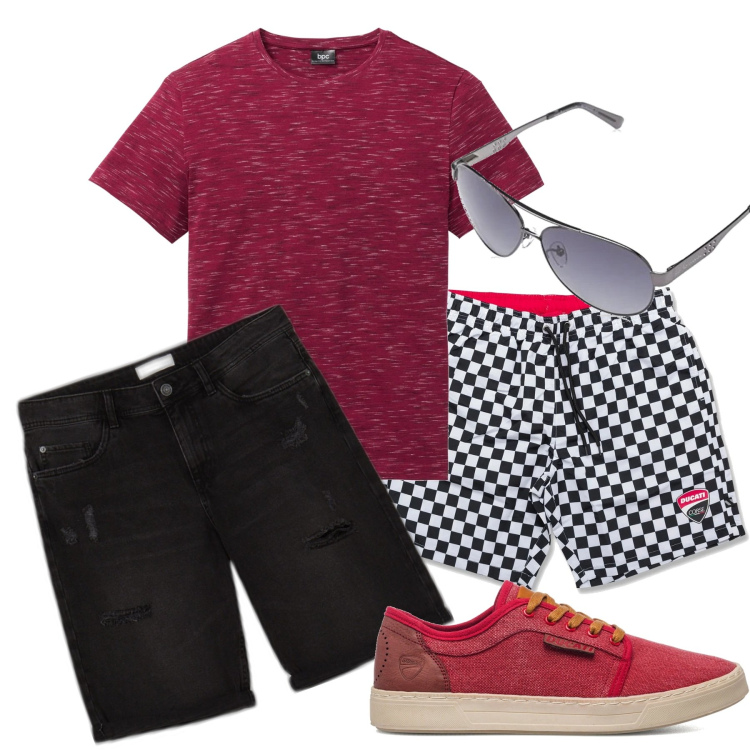 Outfit uomo - Scacchi. Stile Casual per Mare. Abbinamento con t-shirt, bermuda, costumi, sneakers, occhiali da sole.