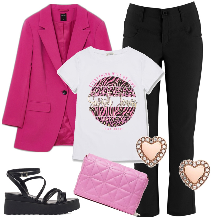 Outfit donna - Serata casual con le amiche. Stile Casual chic per Serata fuori. Abbinamento con pantaloni, giacche, borse a spalla, t-shirt, sandali col tacco, orecchini.