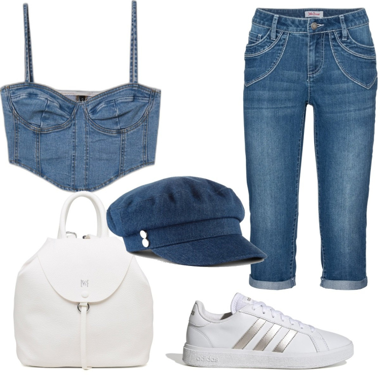 Outfit donna - Total look #1646486. Stile Casual per Tutti i giorni. Abbinamento con jeans dritti, cappelli, top, sneakers, zaini.