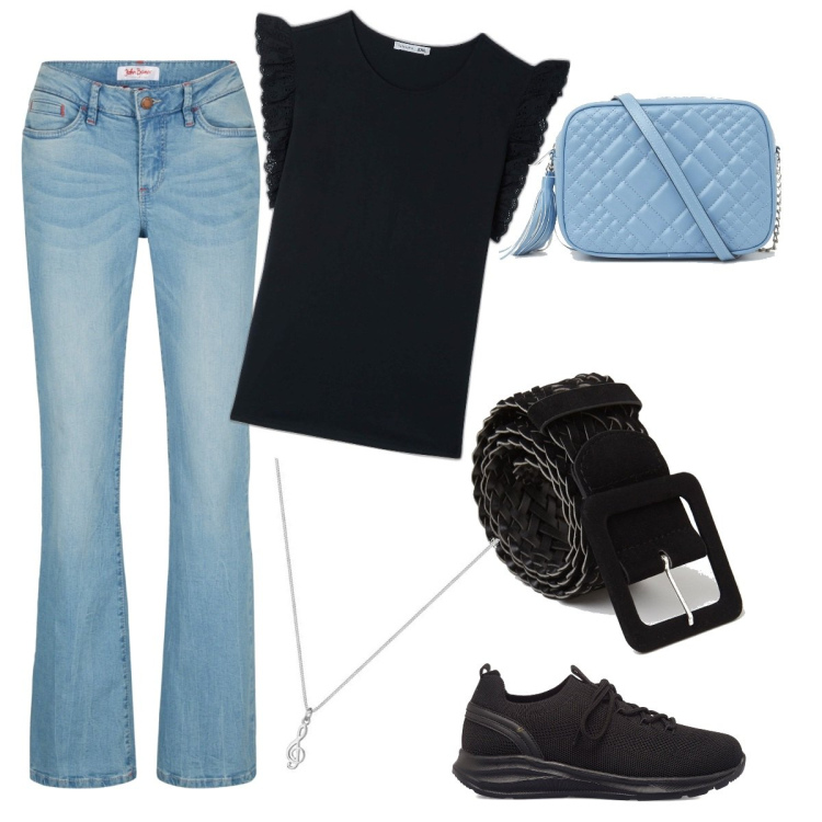 Outfit donna - Azzurro e nero. Stile Casual per Tutti i giorni. Abbinamento con jeans bootcut, t-shirt, borse a tracolla, cinture, sneakers, ciondoli.
