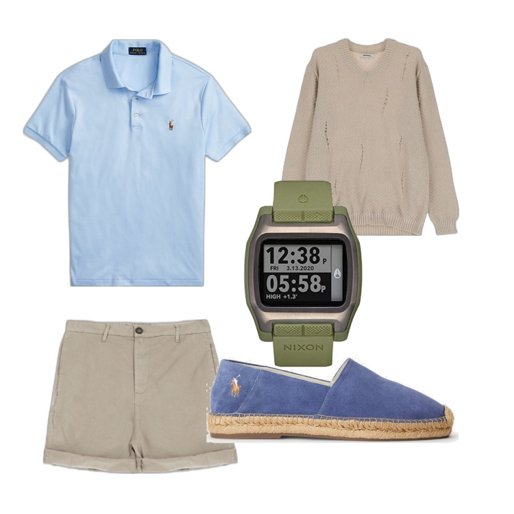 Outfit uomo - Aperitivo al mare. Stile Casual per Mare. Abbinamento con bermuda, maglieria, polo, espadrillas, orologi digitali.