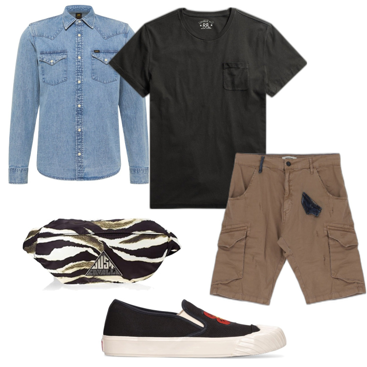 Outfit uomo - Just. Stile Trendy per Tutti i giorni. Abbinamento con bermuda, t-shirt, camicie, borse sportive, sneakers.