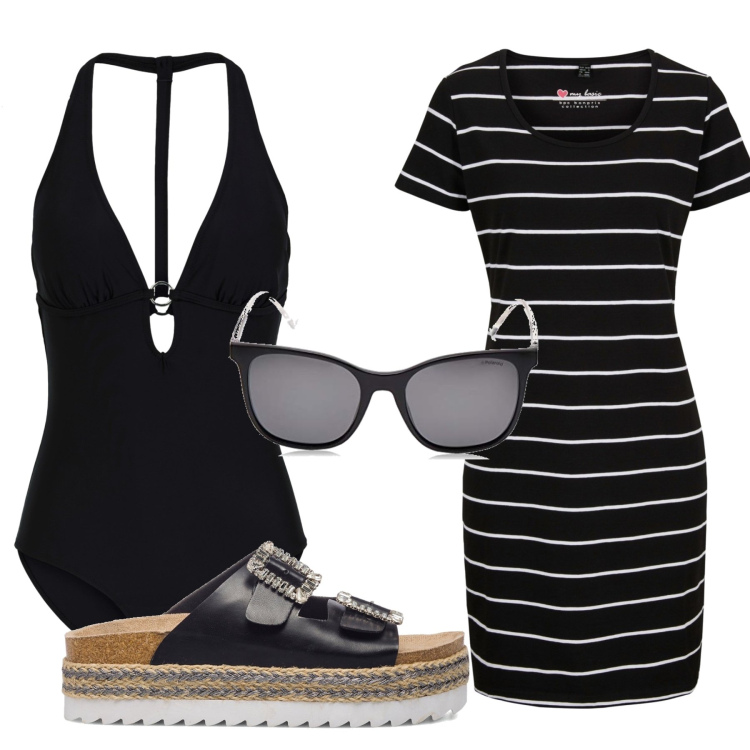 Outfit donna - Righe. Stile Basic per Mare. Abbinamento con costumi interi, vestiti, sandali gioiello, occhiali da sole.