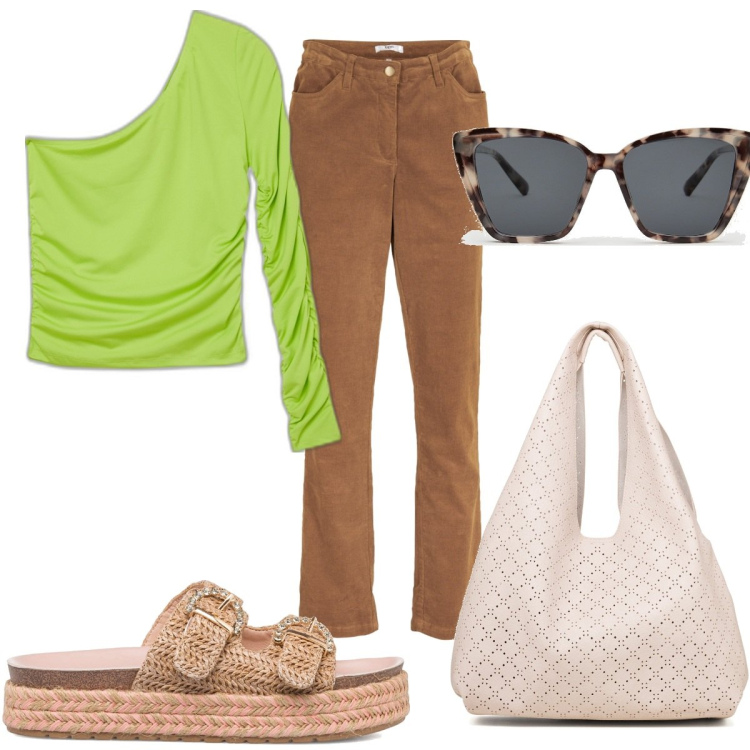 Outfit donna - Trendy e super comoda. Stile Trendy per Tutti i giorni. Abbinamento con pantaloni, occhiali da sole, t-shirt, sandali gioiello, borse a spalla.
