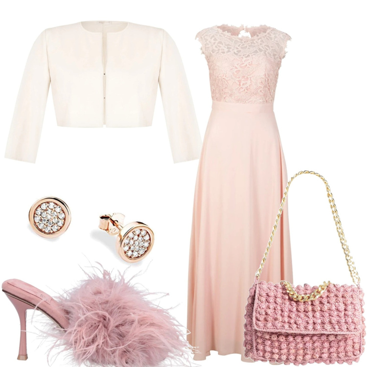 Outfit donna - In rosa piume e pizzo. Stile Chic per Cerimonia. Abbinamento con vestiti lunghi, sandali in pelle, borse a mano, bolero, orecchini.