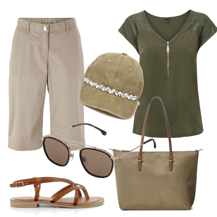 Outfit donna - Giornate fuori casa e look super comodo. Stile Casual per Tutti i giorni. Abbinamento con t-shirt, bermuda, sandali in pelle, borse tote, cappelli con visiera, occhiali da sole.