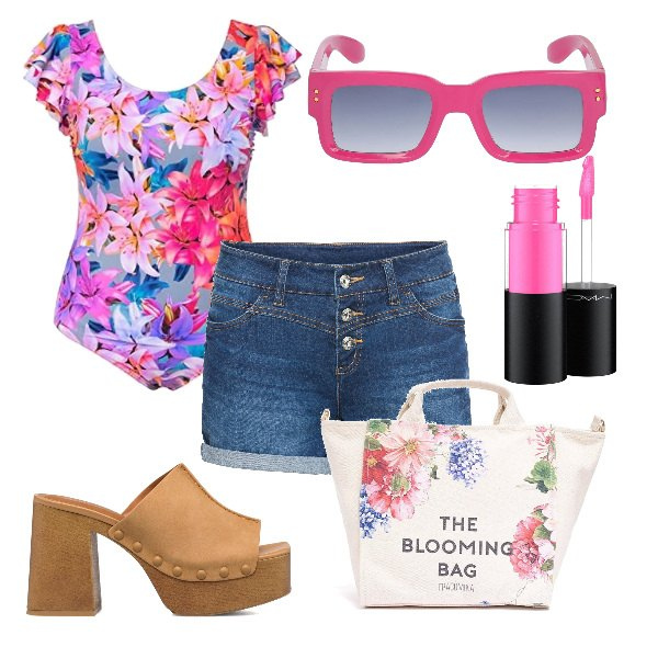 Outfit donna - Total look #1646760. Stile Sexy per Mare. Abbinamento con shorts, borse tote, sandali in pelle, costumi interi, gloss, occhiali da sole.