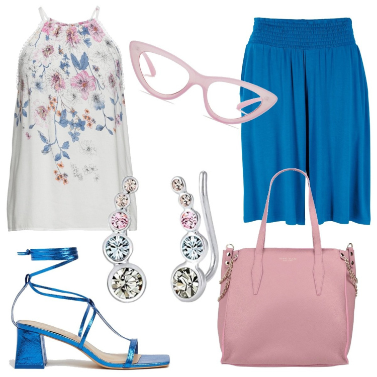 Outfit donna - Total look #1646802. Stile Basic per Tutti i giorni. Abbinamento con bermuda, top, borse a mano, sandali in pelle, occhiali da sole, orecchini.