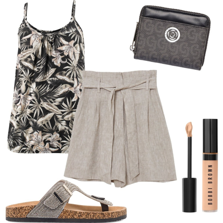Outfit donna - Color sabbia. Stile Casual chic per Tutti i giorni. Abbinamento con top, pantaloni corti, infradito, portafogli, correttori.