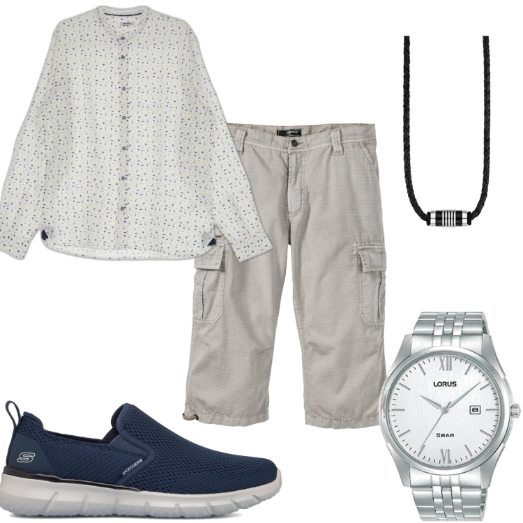 Outfit uomo - Bermuda cargo lunghi e camicia. Stile Trendy per Tutti i giorni. Abbinamento con bermuda, camicie, scarpe stringate, orologi, collane.
