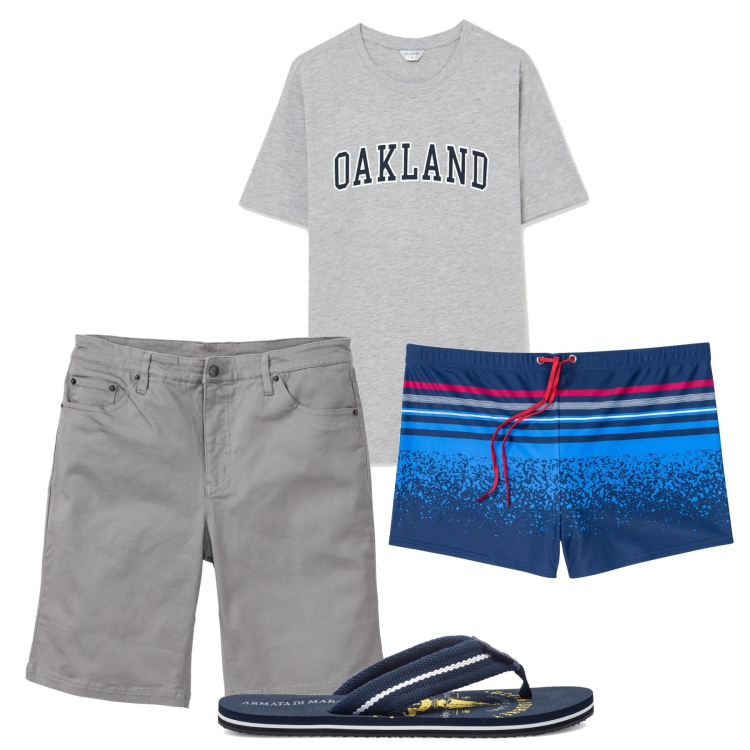 Outfit uomo - Il costume sporty. Stile Casual per Mare. Abbinamento con bermuda, costumi, t-shirt, sandali.