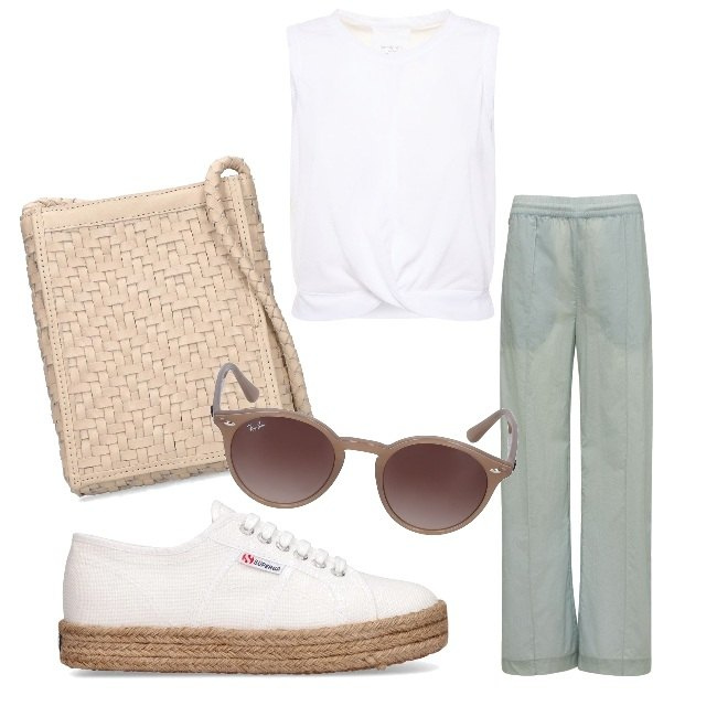 Outfit donna - Dettagli neutri. Stile Basic per Tutti i giorni. look ideale per Tall. Abbinamento con pantaloni, sneakers, canottiere, occhiali da sole, borse a spalla.