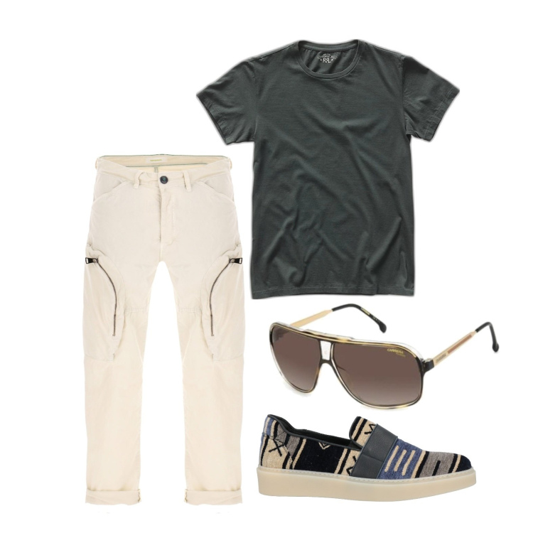 Outfit uomo - Ghost outfitter - giugno. Stile Casual per Tutti i giorni. Abbinamento con scarpe stringate, pantaloni, t-shirt, occhiali da sole.