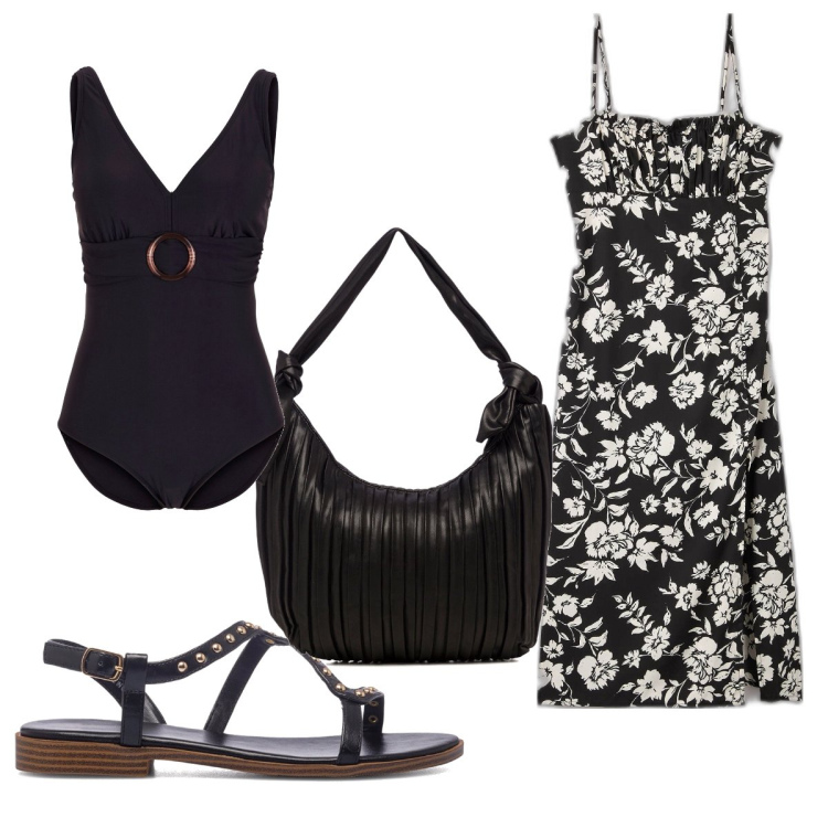 Outfit donna - Total look #1647323. Stile Trendy per Mare. Abbinamento con costumi interi, vestiti lunghi, sandali in pelle, borse a mano.