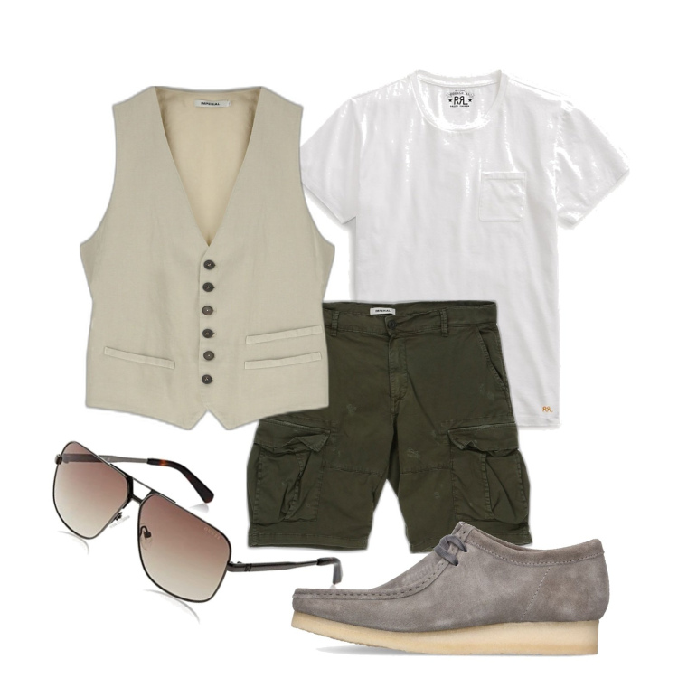 Outfit uomo - Ghost outfitter - giugno. Stile Business/Elegante per Serata speciale. Abbinamento con gilet, bermuda, t-shirt, scarpe stringate, occhiali da sole.