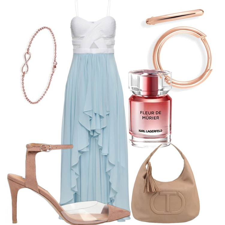Outfit donna - Estate in festa. Stile Glamour Abbinamento con décolleté, borse a mano, vestiti asimmetrici, orecchini, braccialetti, profumi.