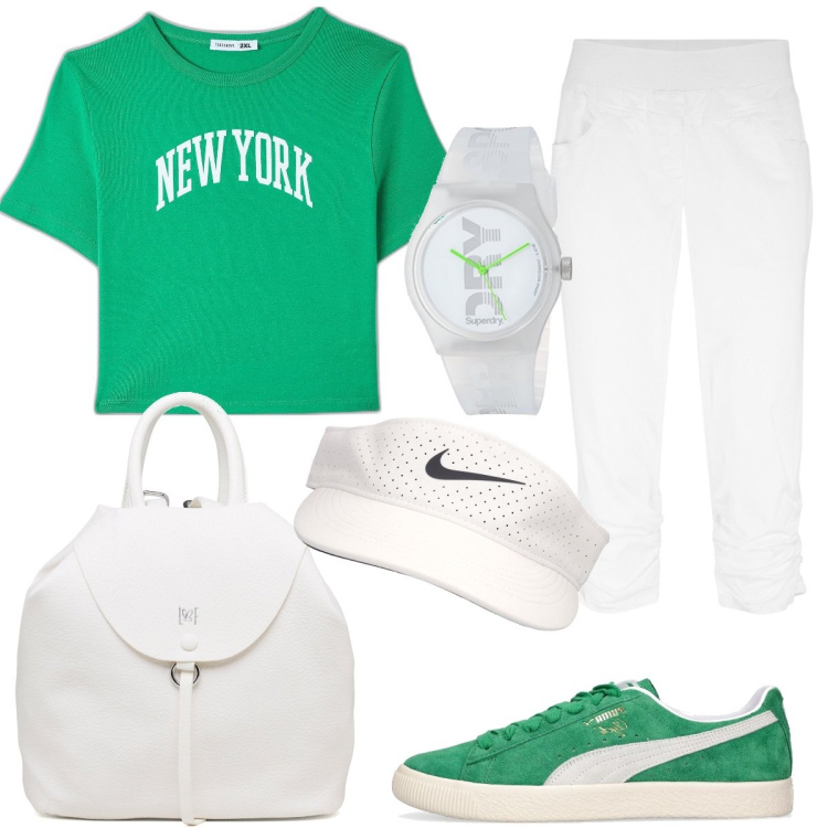 Outfit donna - Total look #1647402. Stile Basic per Tutti i giorni. Abbinamento con pantaloni, t-shirt, zaini, sneakers, orologi analogici, cappelli con visiera.