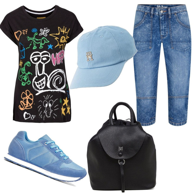 Outfit donna - Total look #1647407. Stile Basic per Tutti i giorni. Abbinamento con t-shirt, pantaloni capri, sneakers, zaini, cappelli con visiera.
