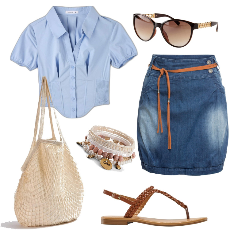 Outfit donna - Con le amiche in gelateria. Stile Basic per Tutti i giorni. Abbinamento con minigonne, braccialetti, ciabatte, occhiali da sole, camicie a manica corta, borse a spalla.