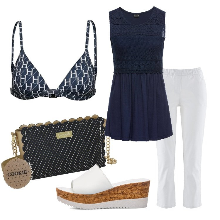 Outfit donna - Pranzo al mare. Stile Bon Ton per Mare. Abbinamento con pantaloni, top, sandali in pelle, bikini, borse a tracolla.