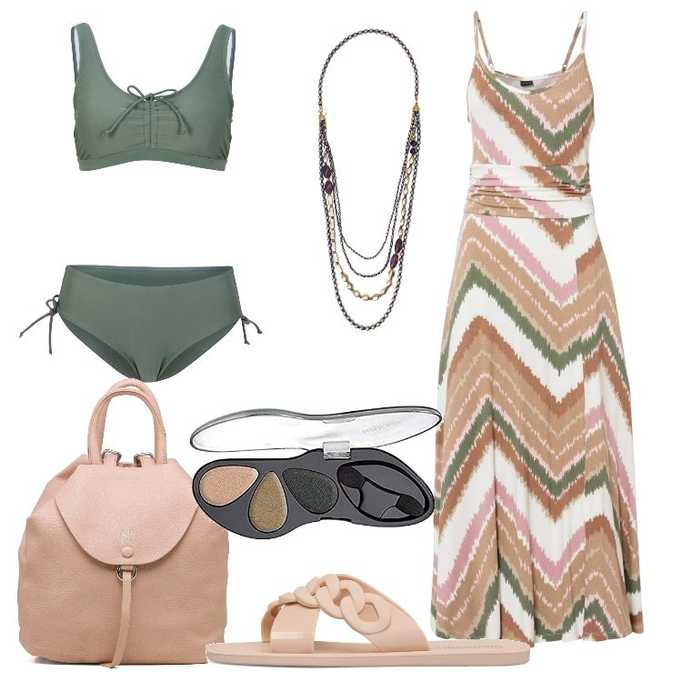 Outfit donna - Estate Focus Donna Curvy. Stile Trendy per Mare. Abbinamento con bikini, vestiti, collane, ciabatte, zaini, ombretti.
