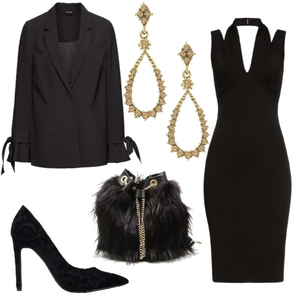Outfit donna - Il blazer oversize. Stile Trendy per Serata fuori. Abbinamento con blazer oversize nero, décolleté a punta in velluto tinta unita, vestito da sera con scollo senza maniche con zip nero, pelliccia secchiello con zip interno foderato in pelle sintetica, orecchini oro.