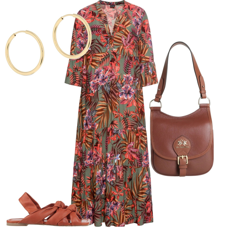 Outfit donna - Giornate fuori casa e look comodo. Stile Casual chic per Tutti i giorni. Abbinamento con vestiti lunghi, sandali in pelle, borse a mano, orecchini.