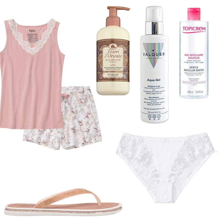 Outfit donna - Notte a casa di amiche. Stile Basic per Tutti i giorni. Abbinamento con pigiama, slip, infradito, profumi, profumi, profumi.