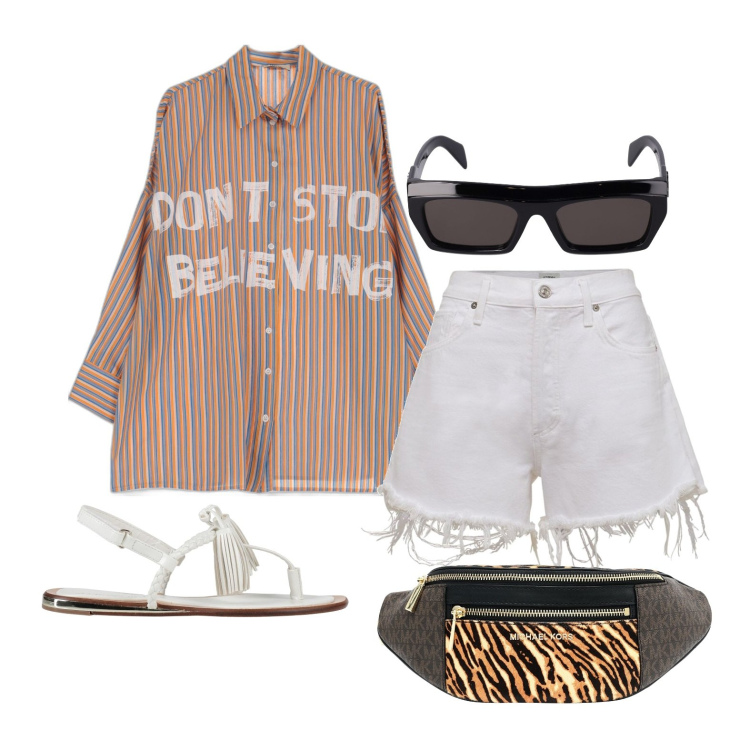 Outfit donna - Stile over da città. Stile Trendy per Tutti i giorni. Abbinamento con marsupi, infradito, camicie, shorts, occhiali da sole.