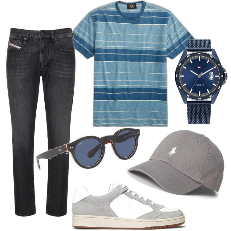 Outfit uomo - Total look #1647822. Stile Casual per Tutti i giorni. Abbinamento con cappelli, sneakers alte, occhiali da sole, t-shirt, jeans slim fit, orologi analogici.