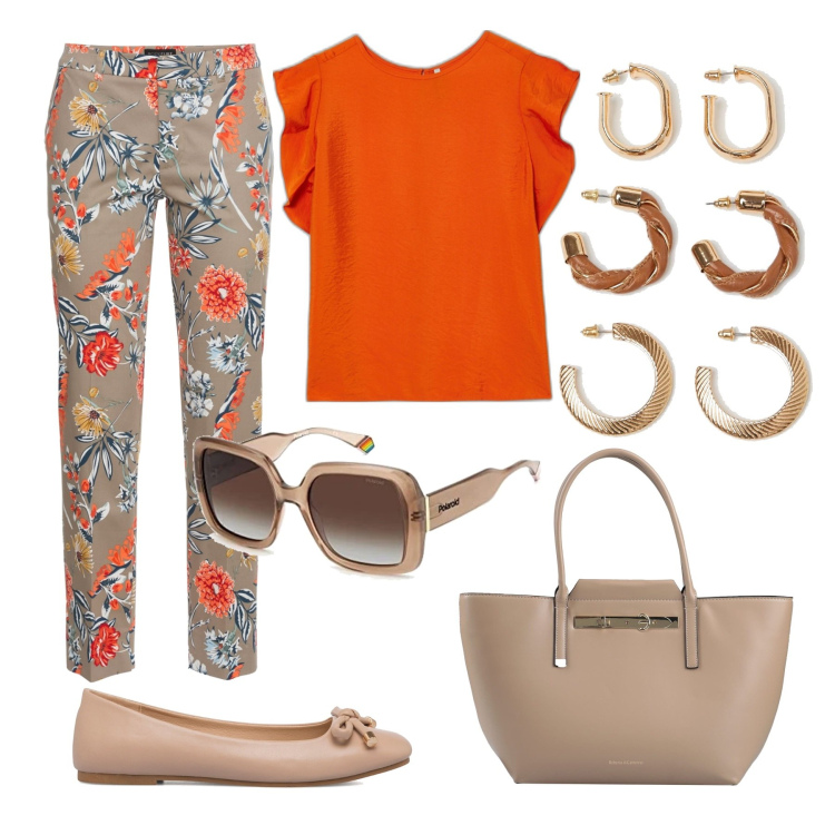 Outfit donna - Total look #1647890. Stile Trendy per Ufficio. Abbinamento con pantaloni, borse a mano, bluse, orecchini, ballerine, occhiali da sole.