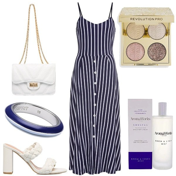 Outfit donna - Aperitivo Estivo. Stile Trendy per Serata fuori. Abbinamento con vestiti midi/longuette, sandali in pelle, borse a tracolla, profumi, ombretti, anelli.