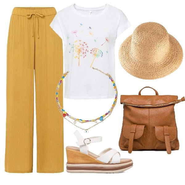 Outfit donna - Total look #1647938. Stile Trendy per Tutti i giorni. Abbinamento con pantaloni, t-shirt, cappelli, ciondoli, sandali in pelle, zaini.