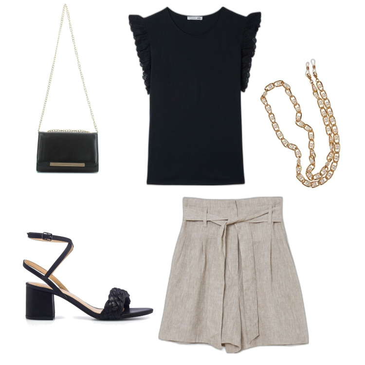 Outfit donna - Total look #1647945. Stile Bon Ton per Ufficio. Abbinamento con pantaloni corti, clutch, sandali in pelle, t-shirt, collane.