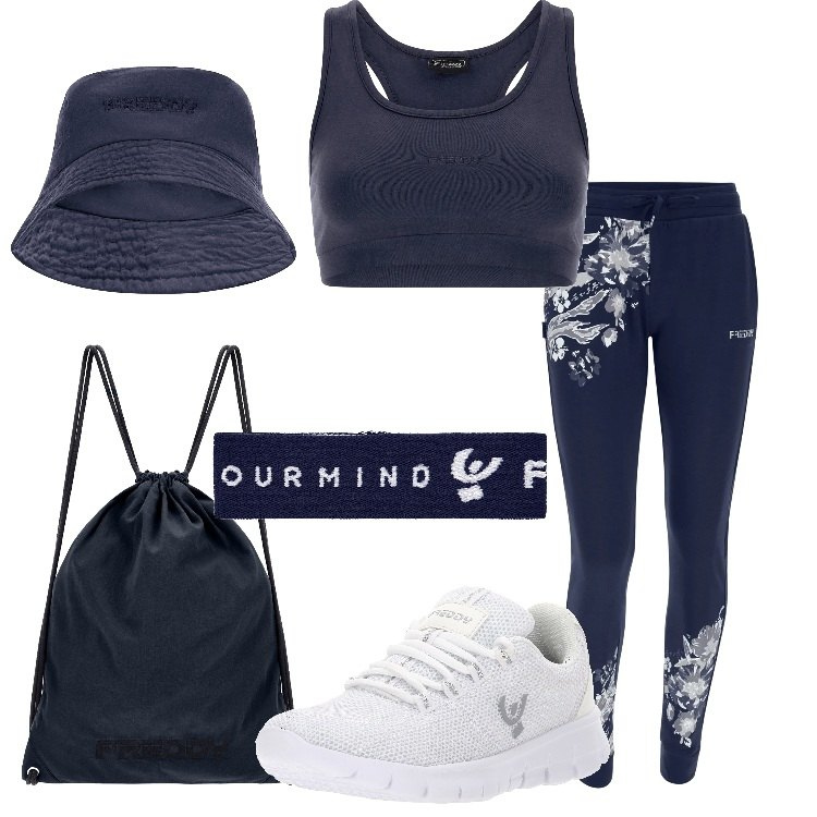 Outfit donna - Tutto Freddy per lo sport. Stile Casual per Sport. Abbinamento con braccialetti, pantaloni, sneakers, zaini, cappelli, top.