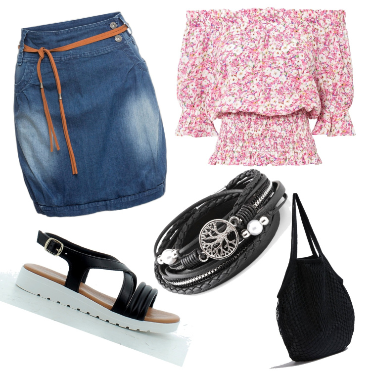 Outfit donna - Mini di jeans. Stile Casual chic per Scuola/Università. Abbinamento con minigonne, braccialetti, bluse, borse a spalla, sandali in pelle.