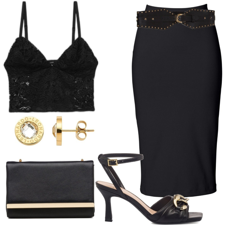 Outfit donna - Total look #1648045. Stile Sexy per Serata fuori. Abbinamento con gonne longuette, top, cinture, sandali in pelle, clutch, orecchini.