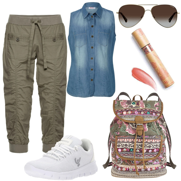 Outfit donna - In viaggio. Stile Casual per Tutti i giorni. Abbinamento con pantaloni capri, camicie, zaini, sneakers, gloss, occhiali da sole.