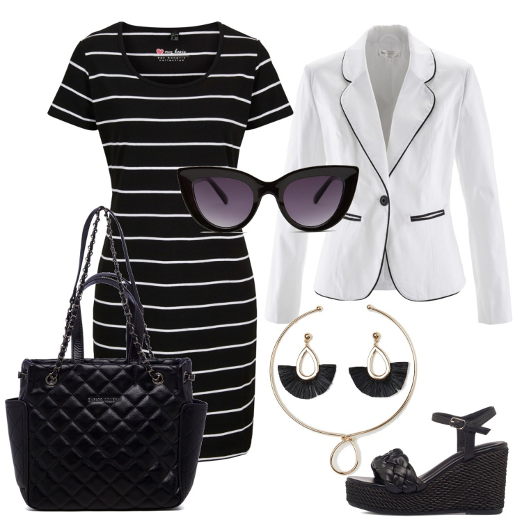 Outfit donna - Trés Chic per l\'ufficio. Stile Chic per Ufficio. Abbinamento con vestiti, blazer, occhiali da sole, orecchini, sandali col tacco, borse a mano.