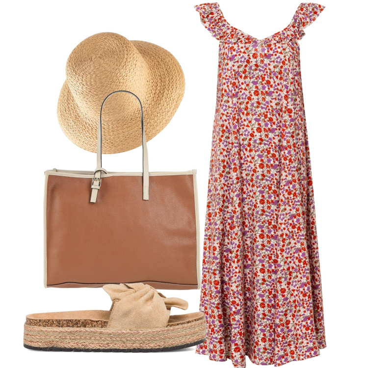 Outfit donna - Passeggiare in estate. Stile Romantica per Tutti i giorni. Abbinamento con felpe, vestiti, borse a mano, sandali in pelle.