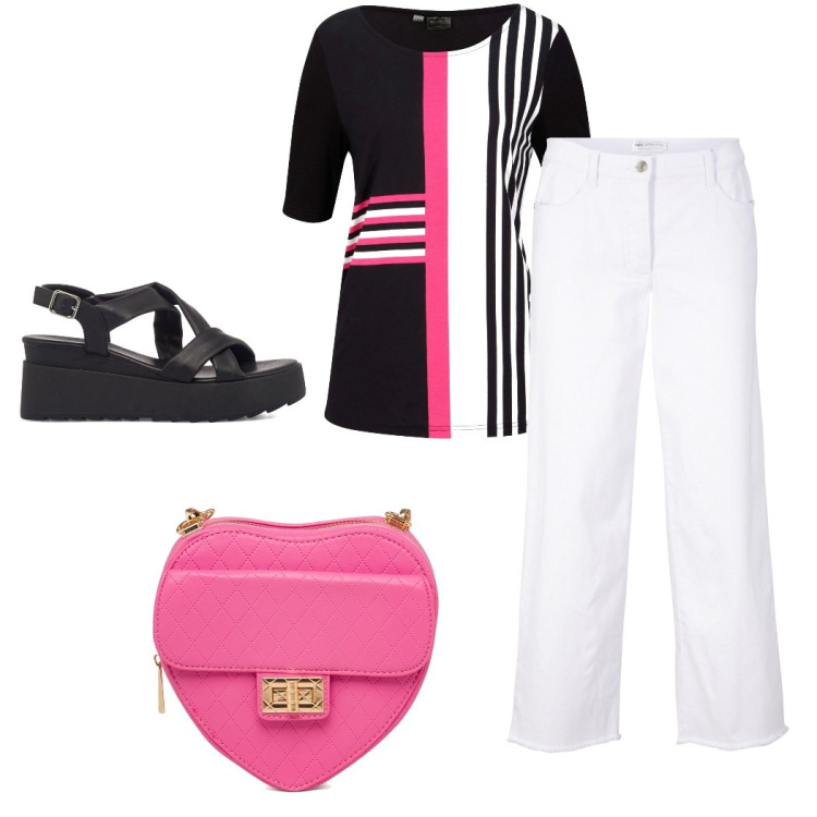 Outfit donna - Righe. Stile Casual chic per Tutti i giorni. Abbinamento con t-shirt, pantaloni capri, sandali col tacco, borse a tracolla.