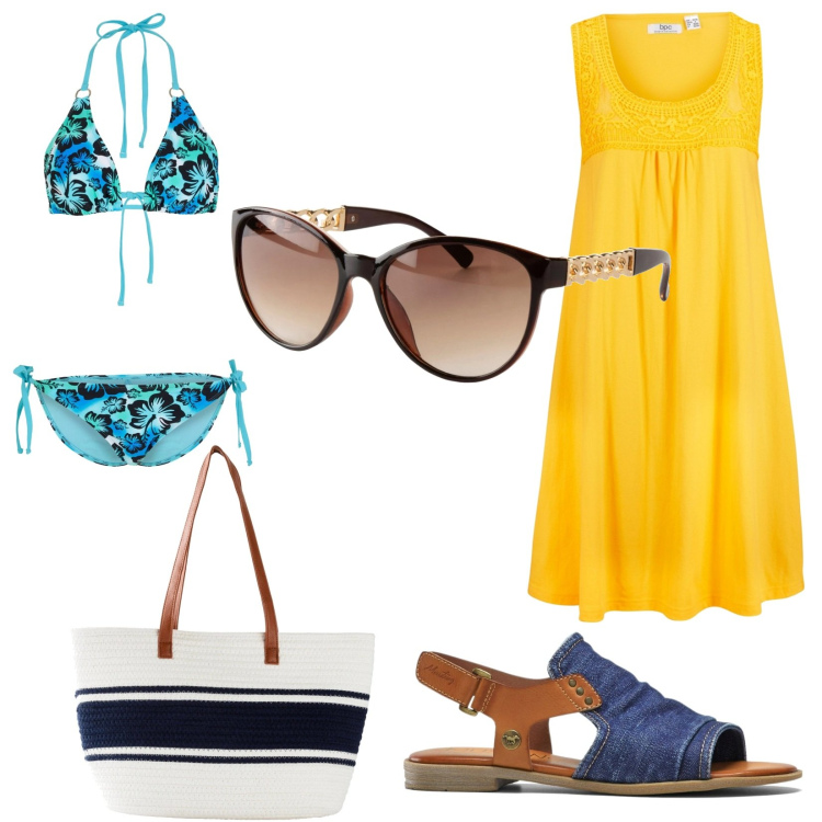 Outfit donna - Sunglasses al mare. Stile Casual chic per Mare. Abbinamento con vestiti senza maniche, bikini, sandali, occhiali da sole, shopping bag.