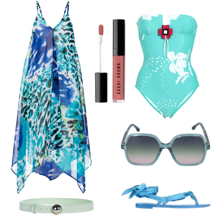 Outfit donna - Tra turchese e celeste. Stile Sexy per Mare. Abbinamento con vestiti da spiaggia, costumi interi, infradito, cinture, occhiali da sole, rossetti.