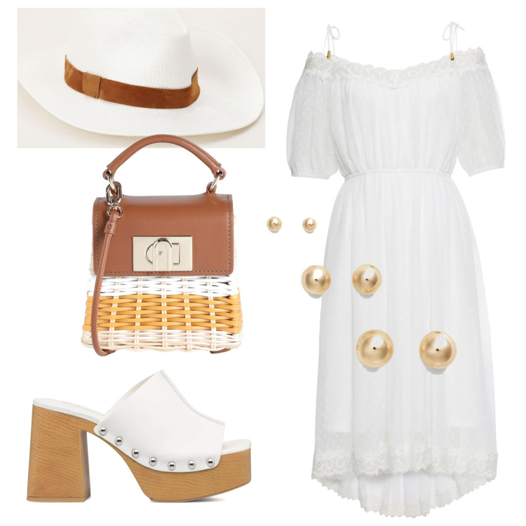 Outfit donna - Curvy style in summer. Stile Romantica per Tutti i giorni. Abbinamento con vestiti, borse a mano, cappelli, orecchini, sandali in pelle.