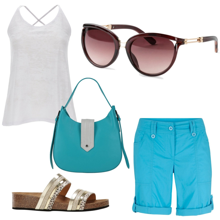 Outfit donna - Occhiali da sole in città. Stile Casual chic per Tutti i giorni. Abbinamento con occhiali da sole, bermuda, ciabatte, borse a tracolla, canottiere.