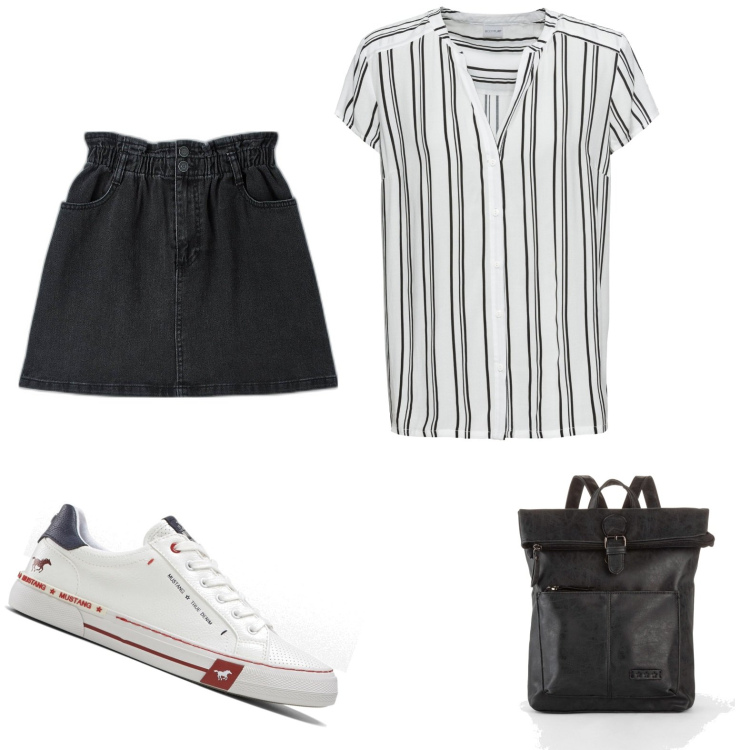 Outfit donna - Mini e sneakers (veg ok). Stile Casual chic per Tutti i giorni. Abbinamento con camicie a manica corta, zaini, sneakers, minigonne.