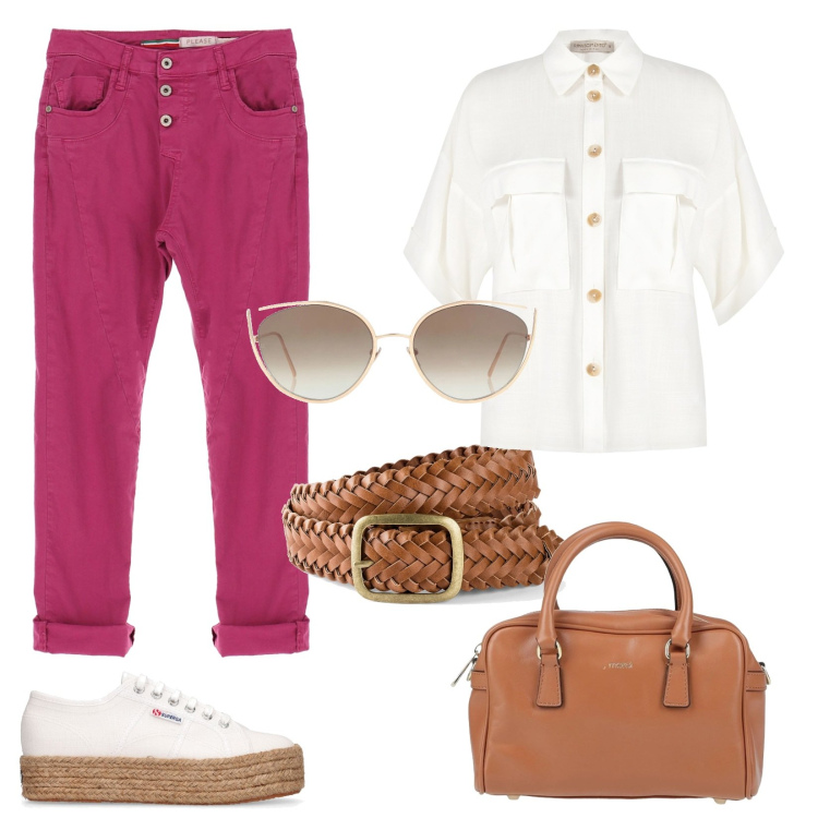 Outfit donna - Estate in città. Stile Casual chic per Tutti i giorni. Abbinamento con cinture, occhiali da sole, borse a mano, camicie a manica corta, pantaloni, sneakers.