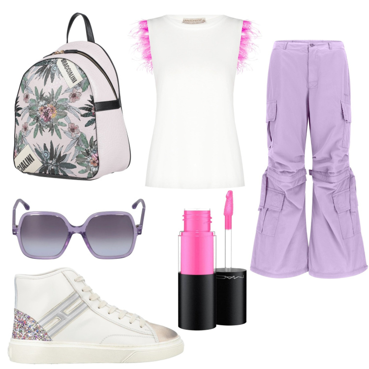 Outfit donna - Tempo di esami. Stile Urban per Scuola/Università. Abbinamento con sneakers, zaini, t-shirt, pantaloni cargo, occhiali da sole, gloss.