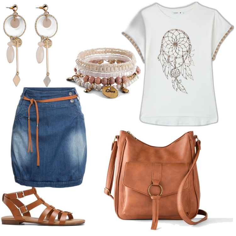 Outfit donna - Accessori in stile country. Stile Etnico per Tutti i giorni. Abbinamento con minigonne, borse a tracolla, braccialetti, orecchini, sandali, t-shirt.